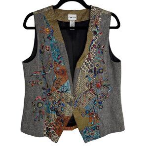 Chicos Size 1 (M/8) Women's‎ Wool Blend Vest Beaded Sequins Patchwork Artsy Boho
